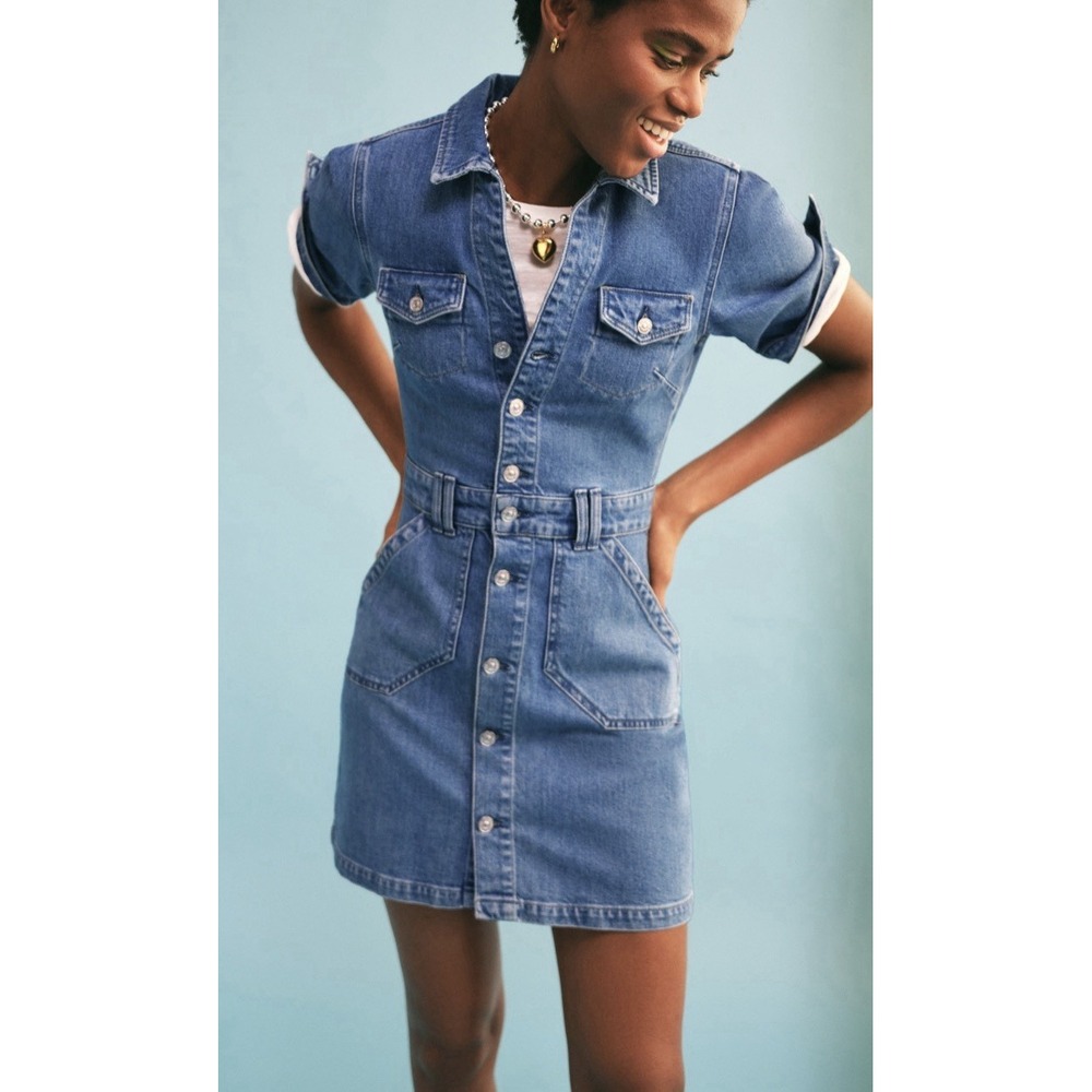 PAIGE Mayslie Denim Mini Dress Size M Blue Womens Button Front Utility Pockets